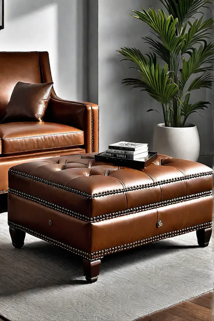 Leather ottomans with storage compartments and nailhead trim