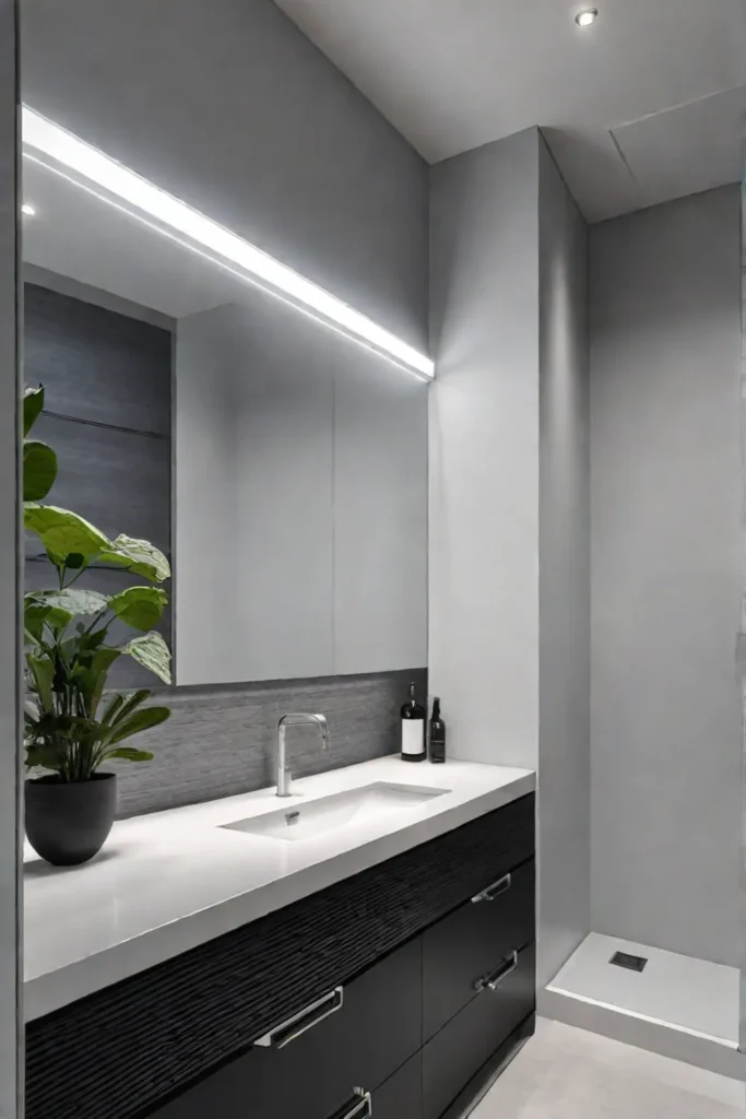 Light gray bathroom large mirror maximized light