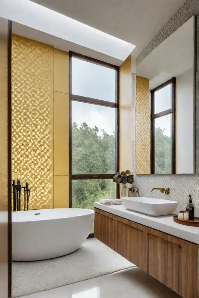 Light yellow bathroom geometric wallpaper airy space