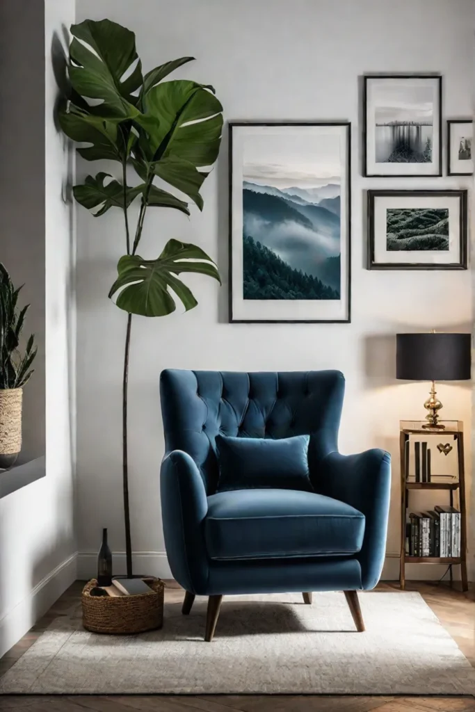 Living room corner with velvet chair nesting tables and curated book collection