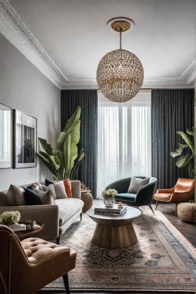 Living room with vintage sofa modern armchairs and global rug