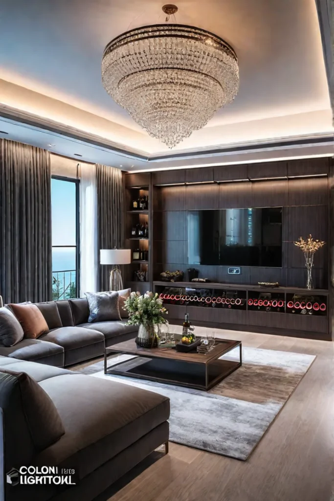 Luxurious living room with smart wine cellar and lighting