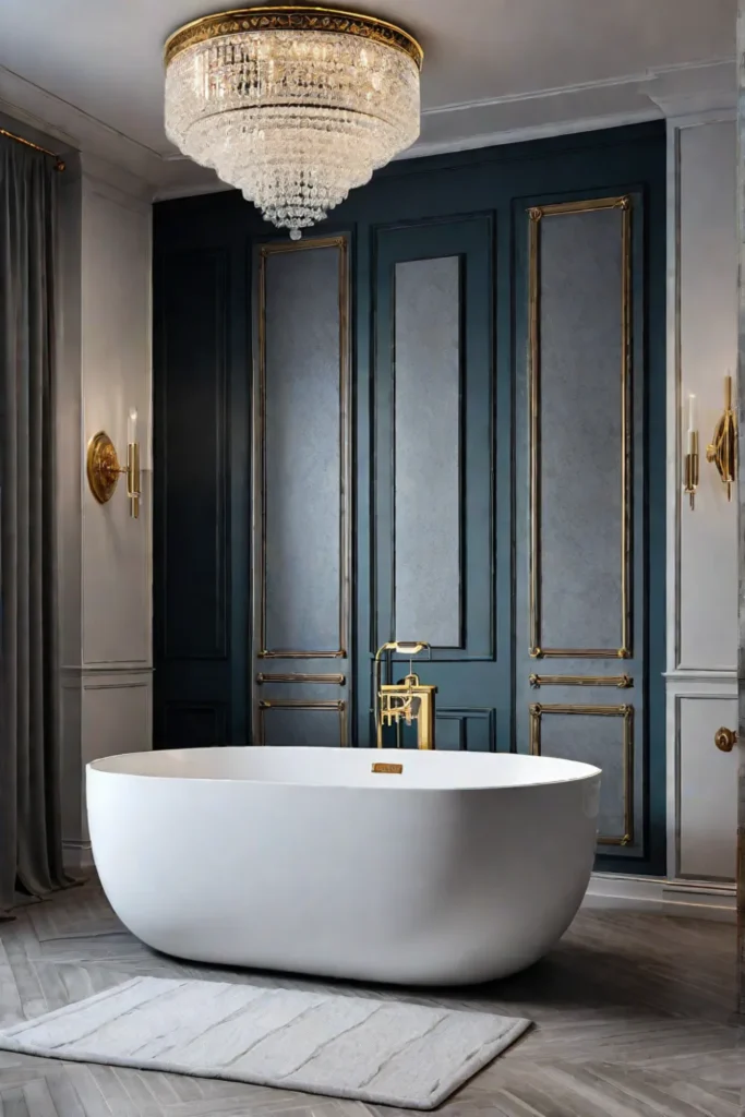 Luxurious bathroom with soaking tub and chandelier