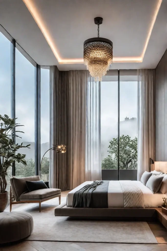 Luxurious bedroom neutral palette layered lighting