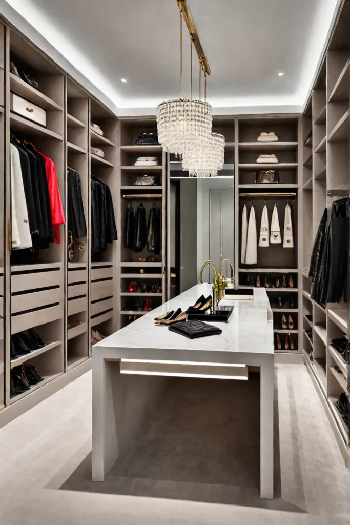 Luxurious closet space with open shelves for designer items
