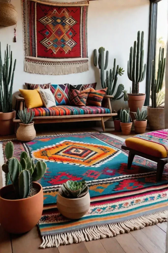 Macrame and kilim rug creating a relaxed and natural atmosphere