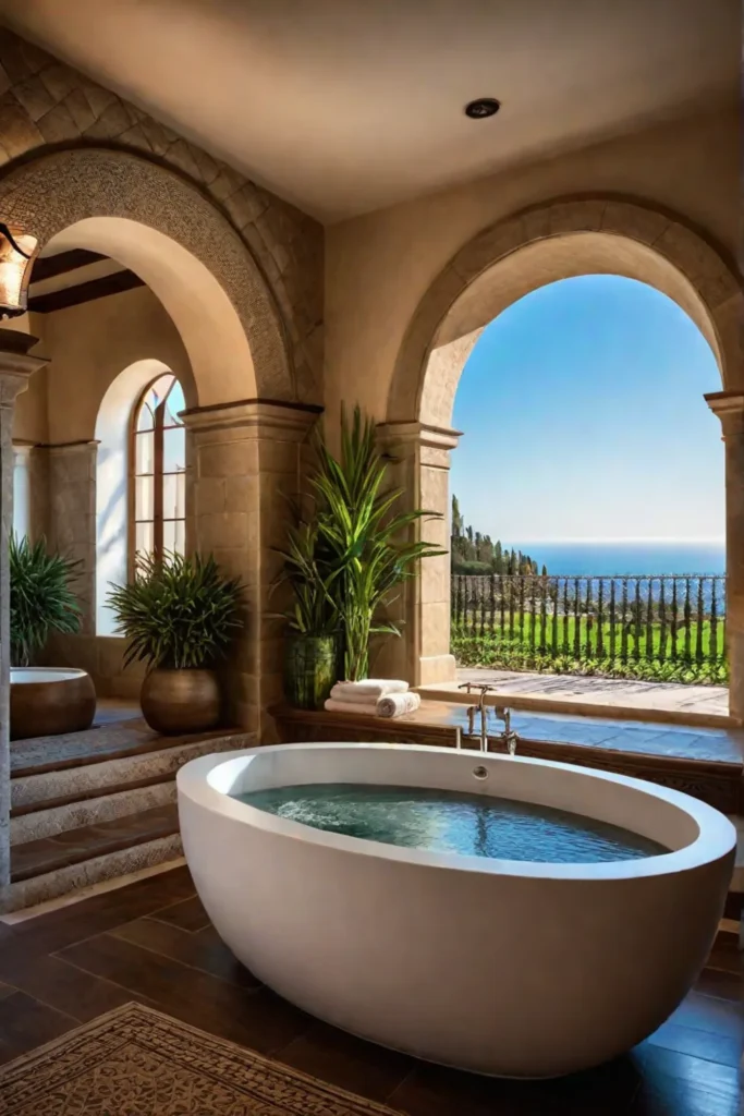 Mediterranean spa bathroom with tiled soaking tub