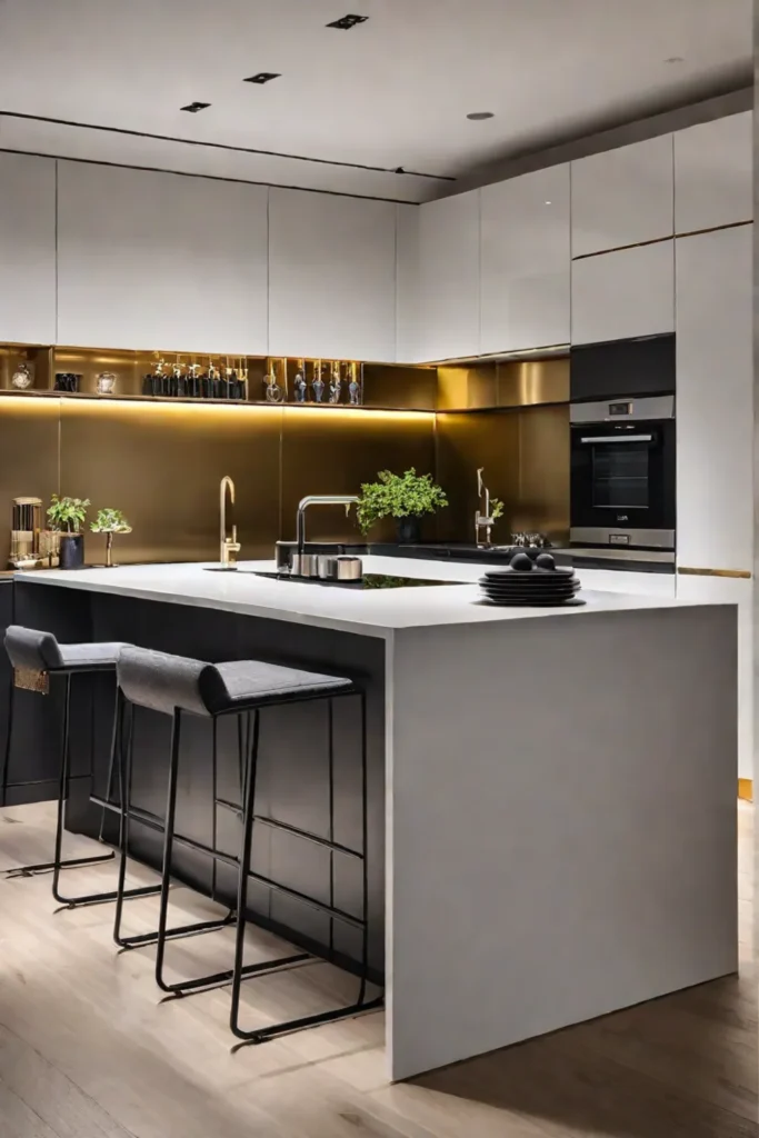 Metallic gold wallpaper reflecting light and opening up a modern kitchen