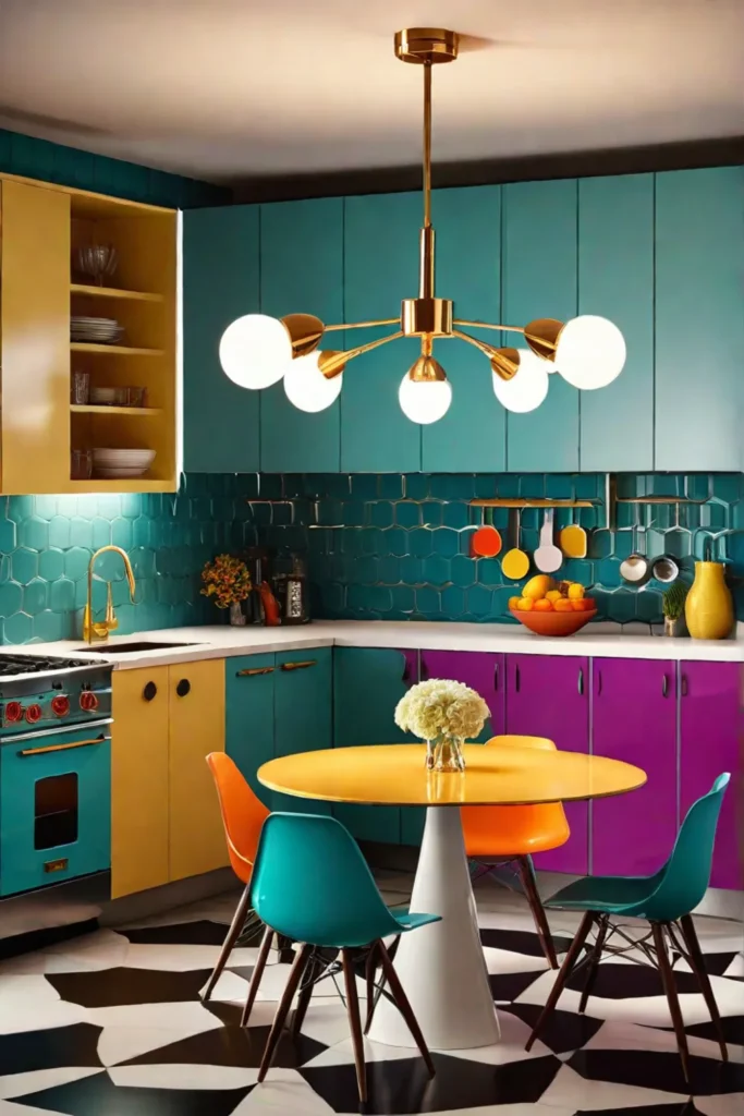 Midcentury modern kitchen with Sputnik chandelier