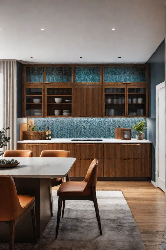 Midcentury modern kitchen with abstract wallpaper and wooden cabinets