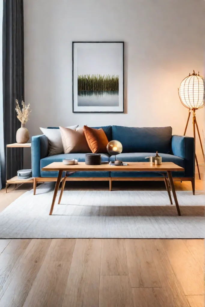 Minimalist living room with sustainable bamboo bookshelf and cork flooring