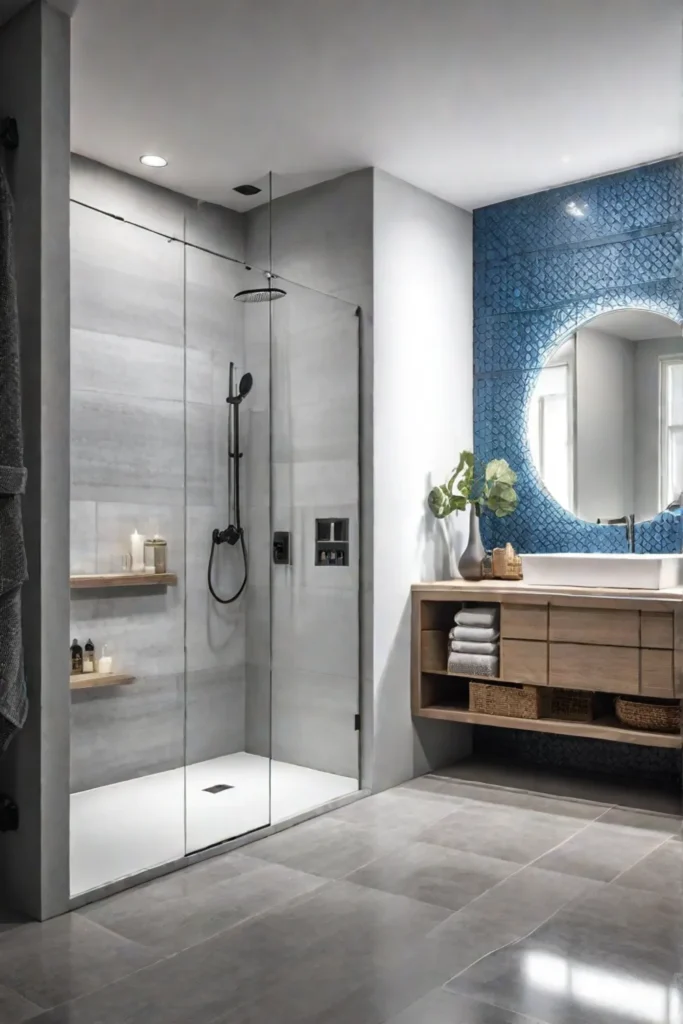 Minimalist bathroom open shelving walkin shower