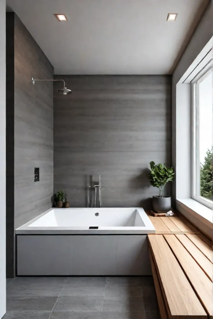 Minimalist bathroom with cedarwood soaking tub