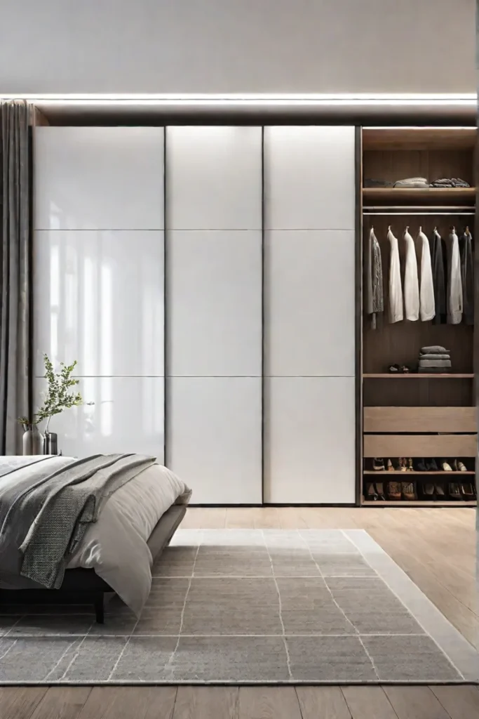 Minimalist bedroom with builtin wardrobe and organized closet