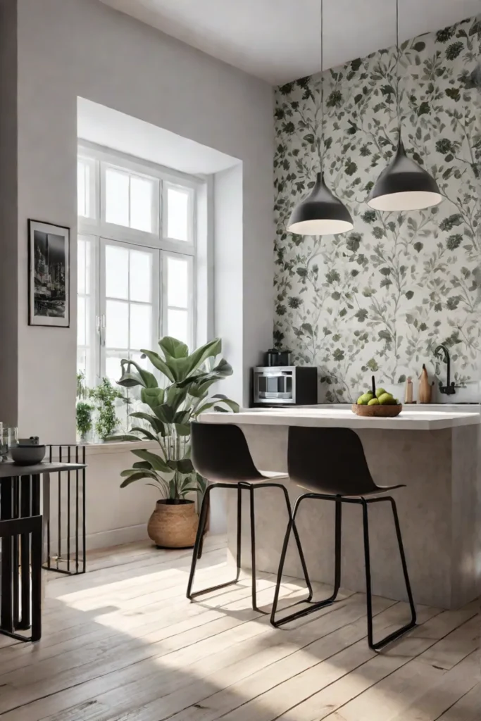 Minimalist floral wallpaper in a Scandinavian kitchen