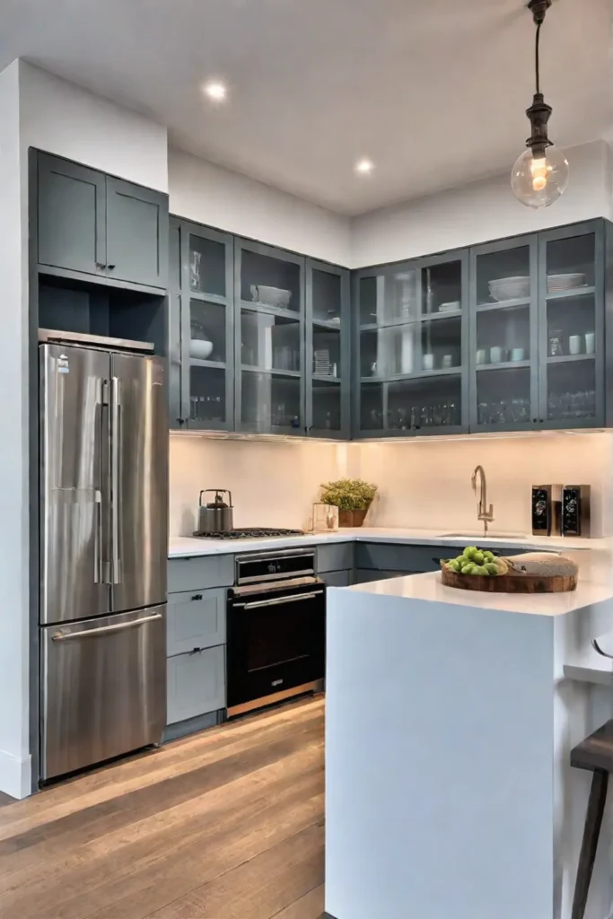 Minimalist kitchen design with stainless steel appliances and a cool color palette