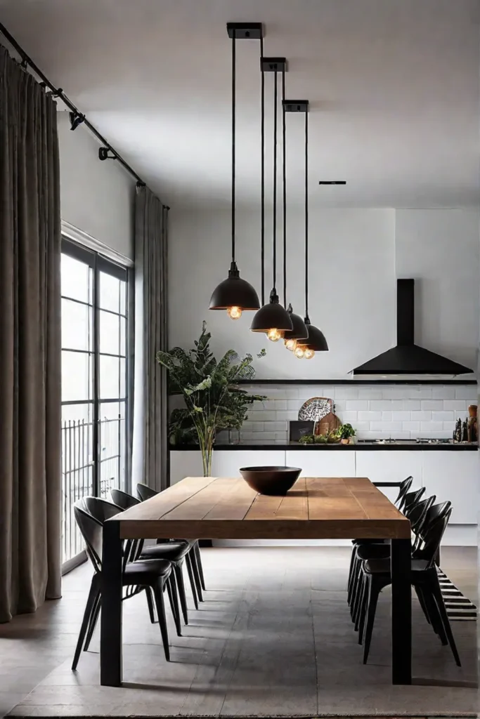 Minimalist kitchen with rectangular table and pendant lights