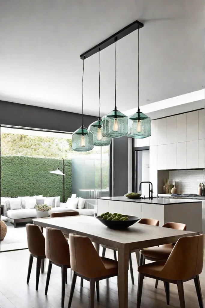 Minimalist kitchen with recycled glass pendants