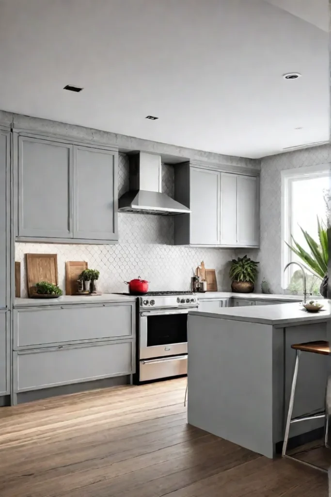 Minimalist kitchen with textured gray wallpaper