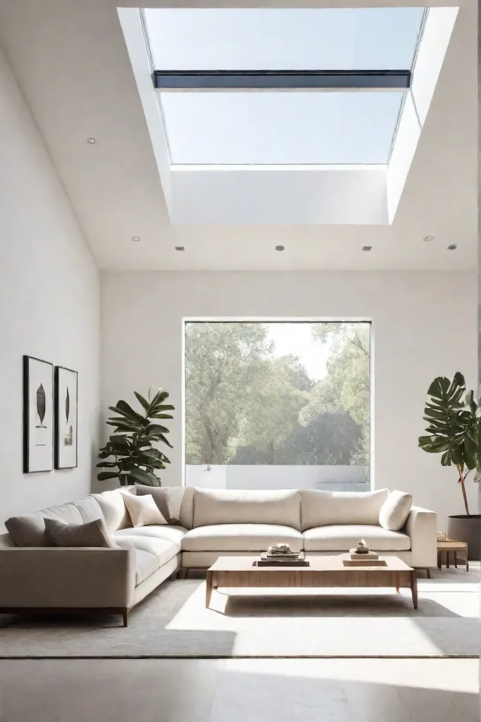 Minimalist living room bathed in natural light from large windows and a skylight