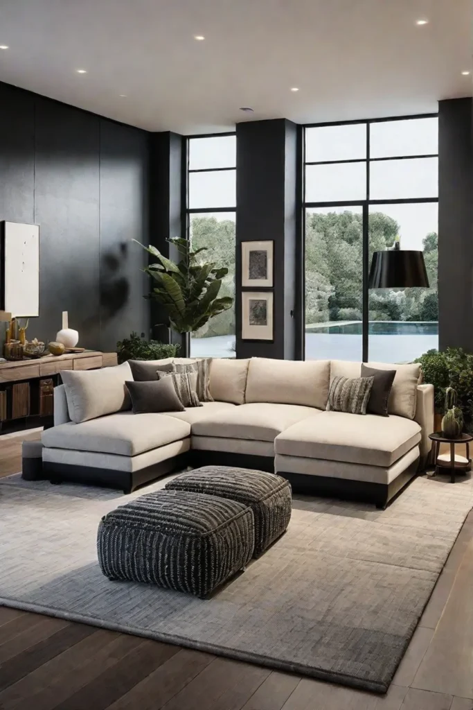 Modern living room with sectional sofa and ottomans for flexible seating arrangements