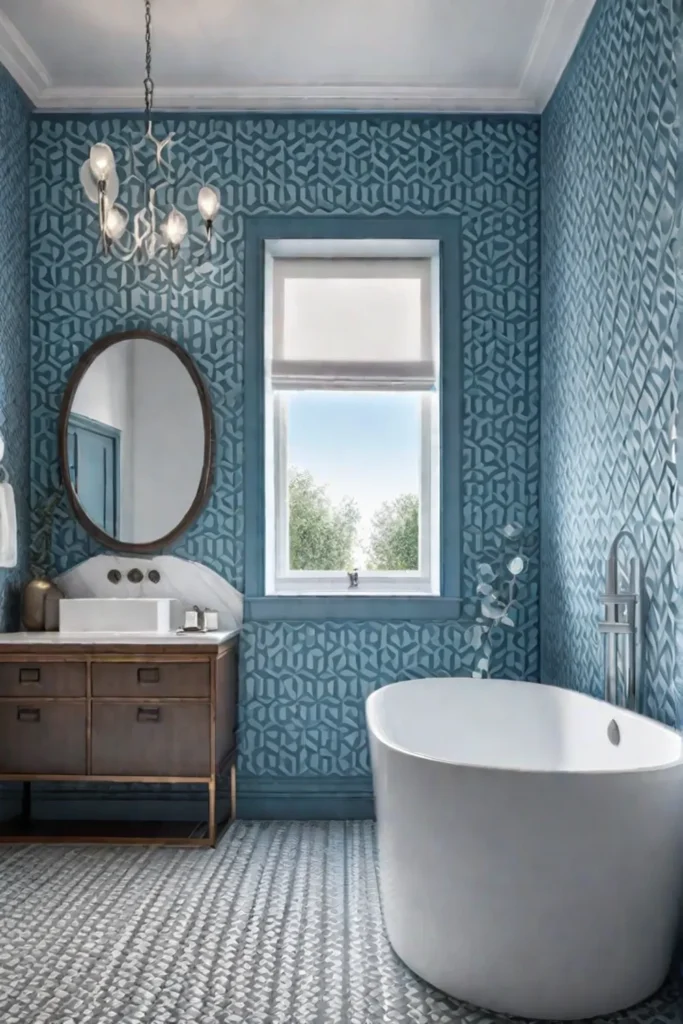 Modern bathroom blue wallpaper airy