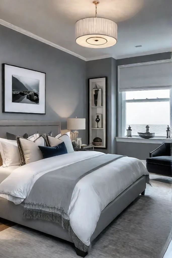Monochromatic gray bedroom luxurious textiles