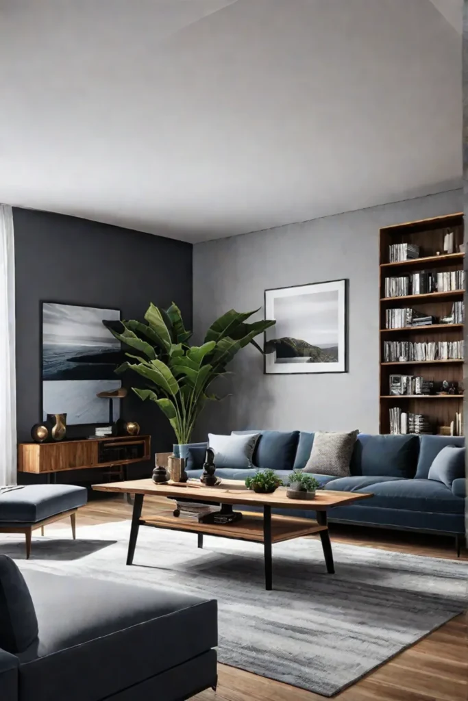 Multifunctional living room with minimalist bookcase as room divider
