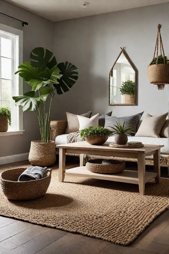 Natural elements and plants in a living room
