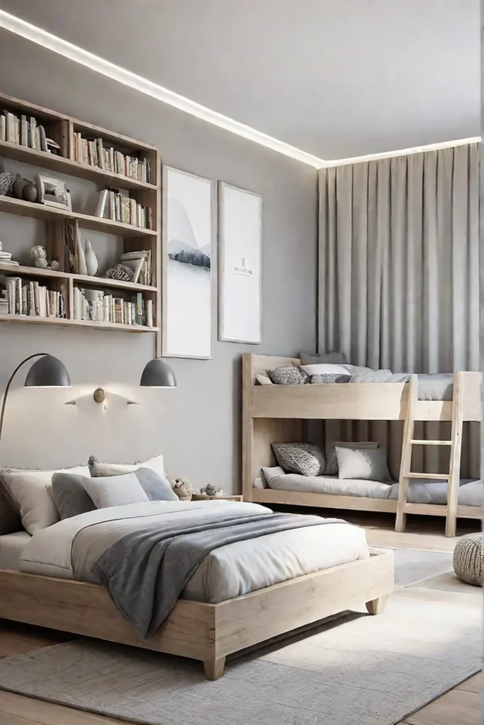 Neutraltoned childs bedroom with a house bed and reading nook