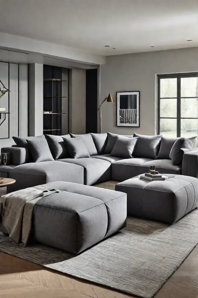 Open plan living space with modular sectional sofa and multifunctional ottomans