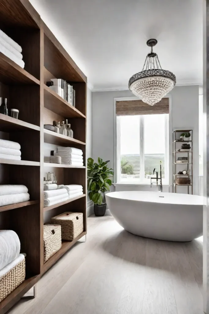Open bathroom with bookcase