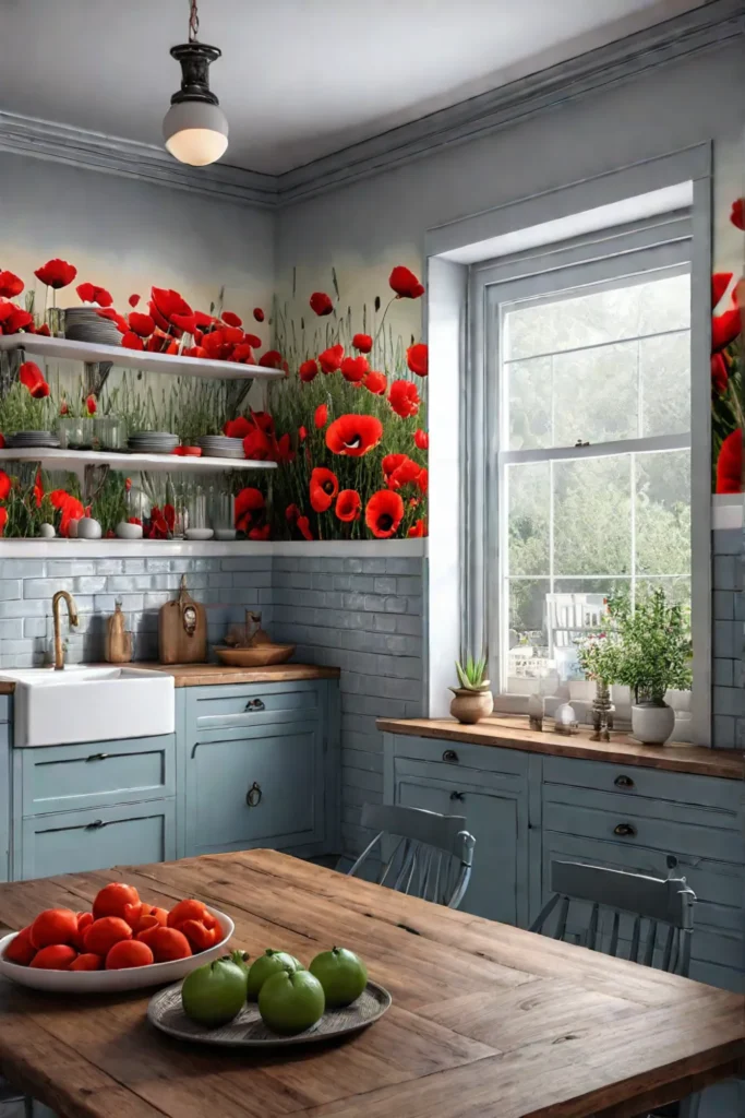 Oversized floral prints on wallpaper creating a focal point in a compact kitchen
