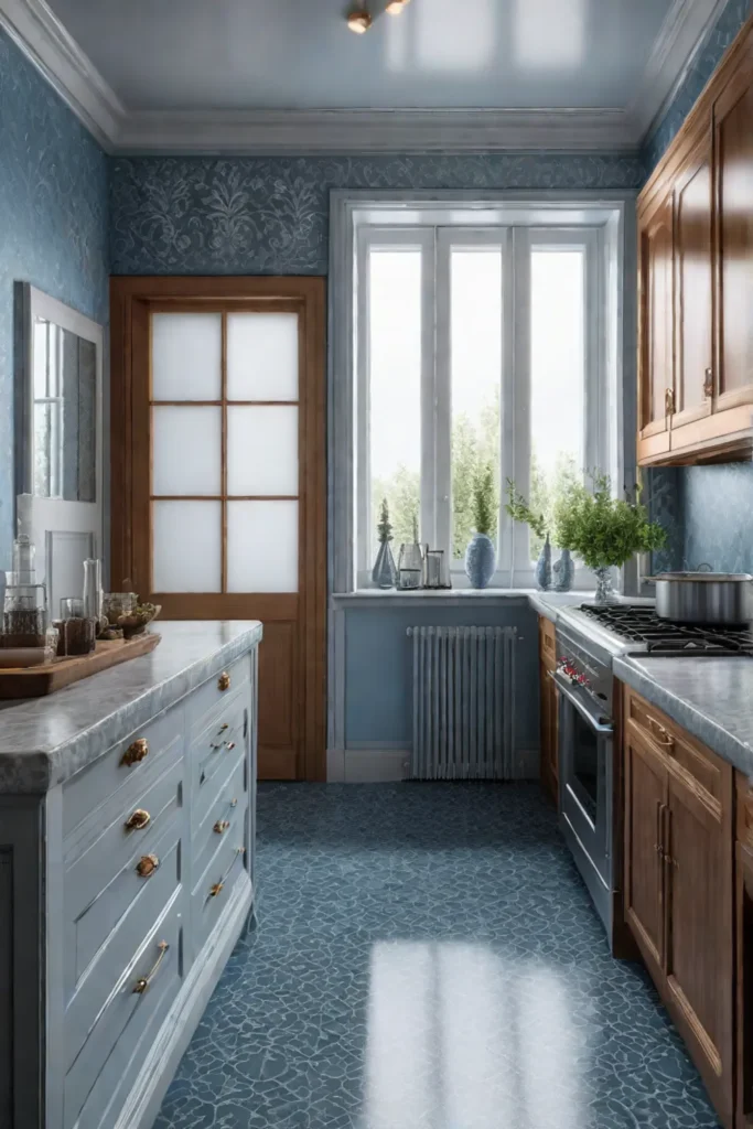 Pale blue wallpaper with silver floral accents brightening a compact kitchen