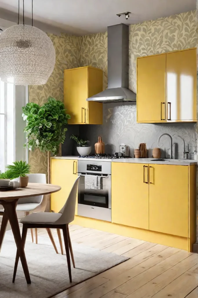 Pale yellow wallpaper creating an airy and inviting atmosphere in a compact kitchen
