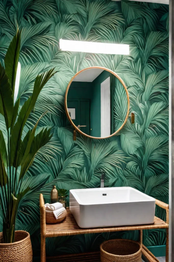 Palm leaf print wallpaper small bathroom tropical oasis relaxation
