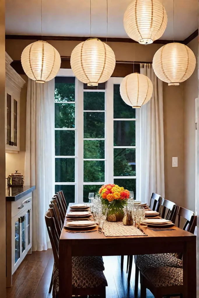 Paper lanterns cast a soft glow over a kitchen table