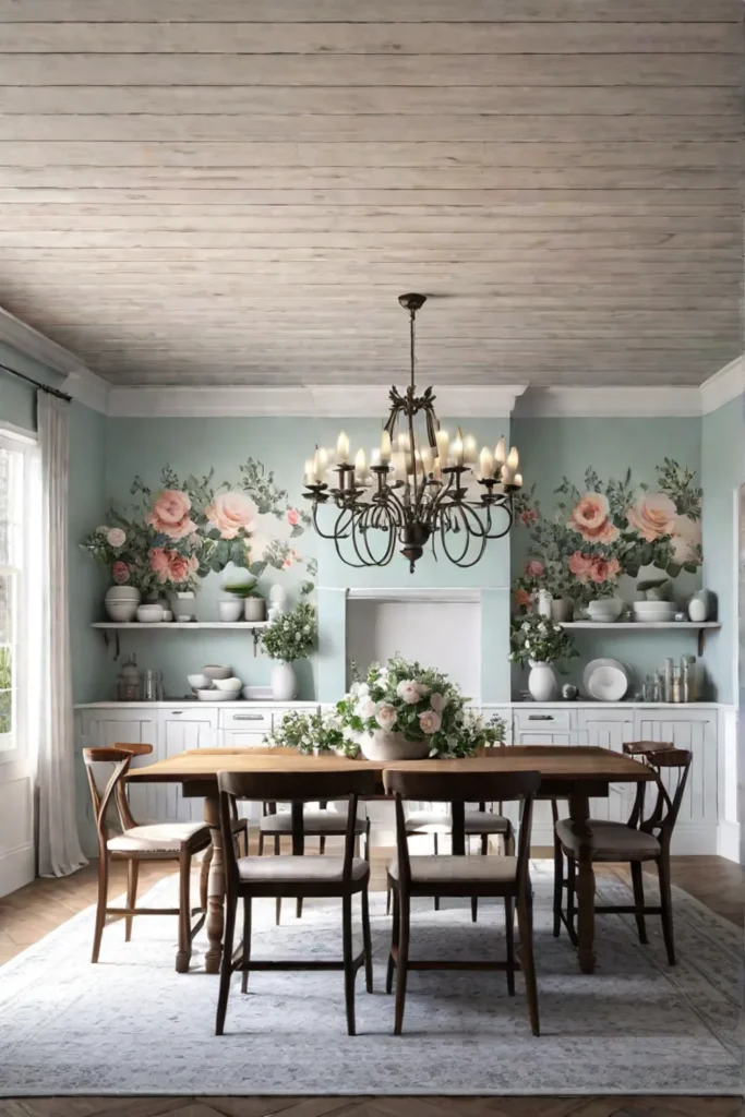 Pastel floral wallpaper in a farmhouse style kitchen