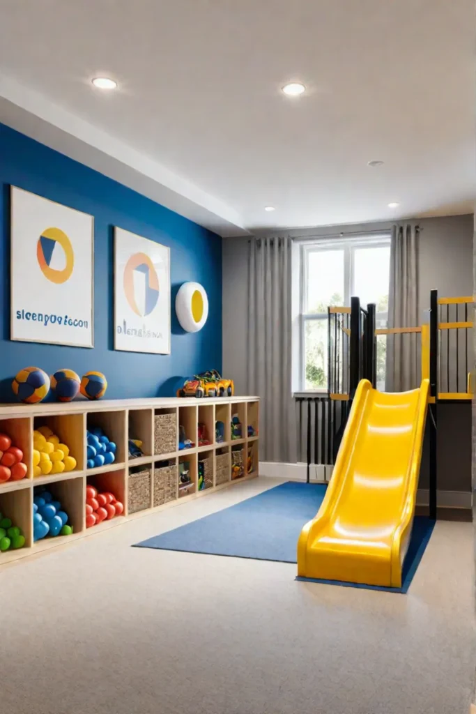 Playroom with a climbing wall slide and active play equipment