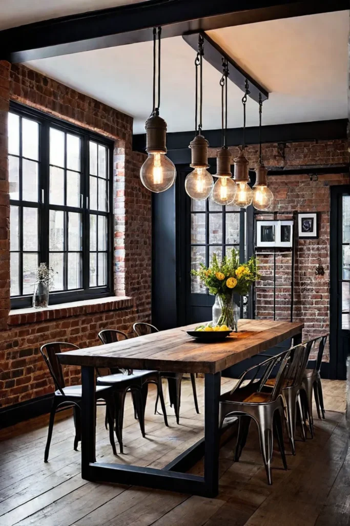 Reclaimed wood table and metal chairs in an edgy dining space
