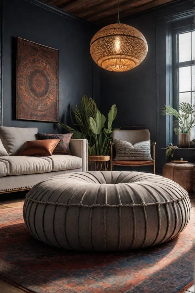 Relaxed seating area with floor cushions and earthy tones