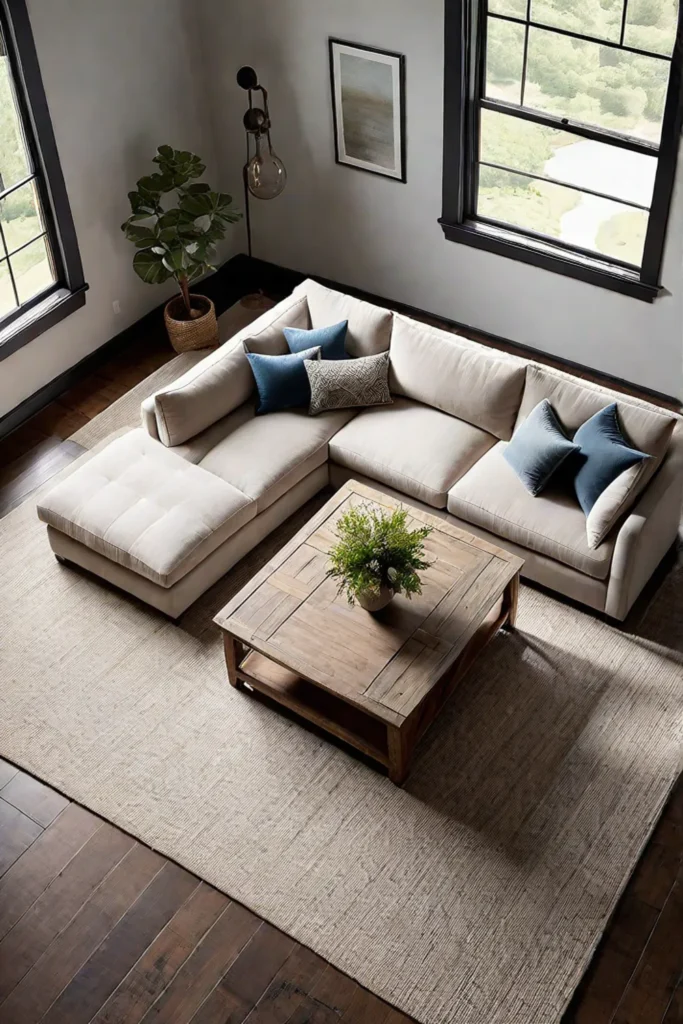 Relaxing living room with sectional sofa and woven rug