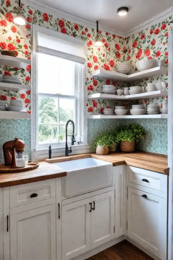 Removable wallpaper with floral design on white kitchen cabinets