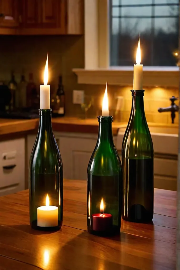 Repurposed wine bottle candle holders create a whimsical ambiance