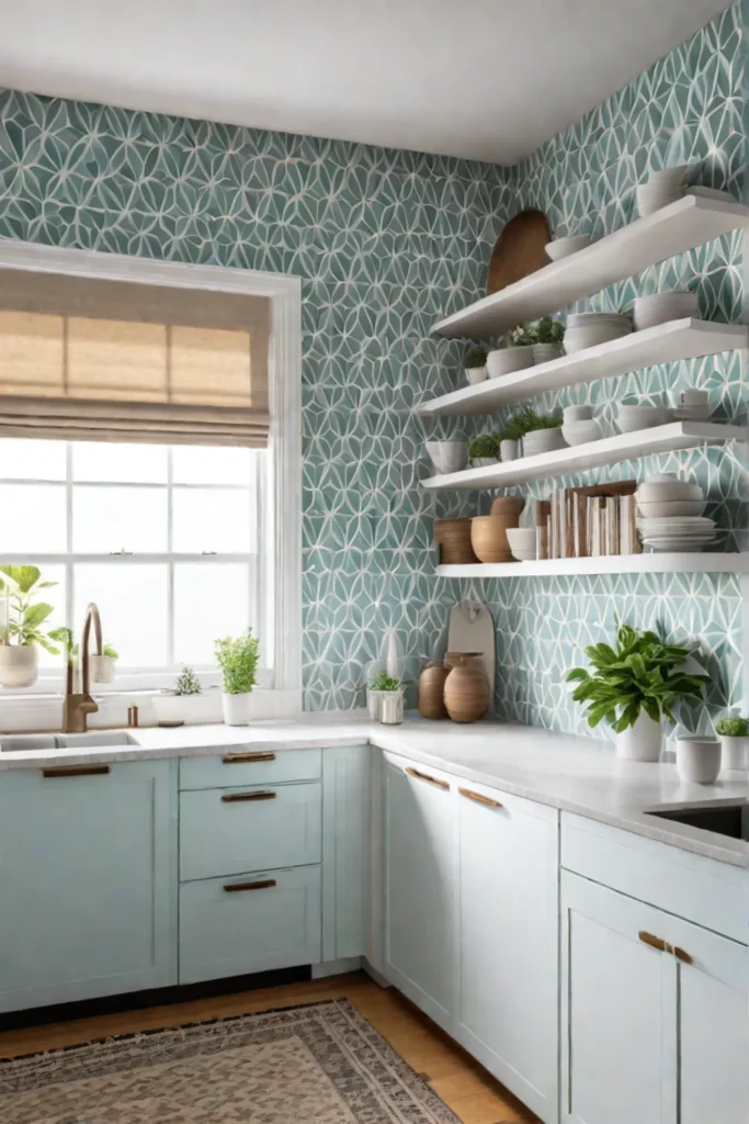 Retro kitchen with open shelving and muted geometric wallpaper
