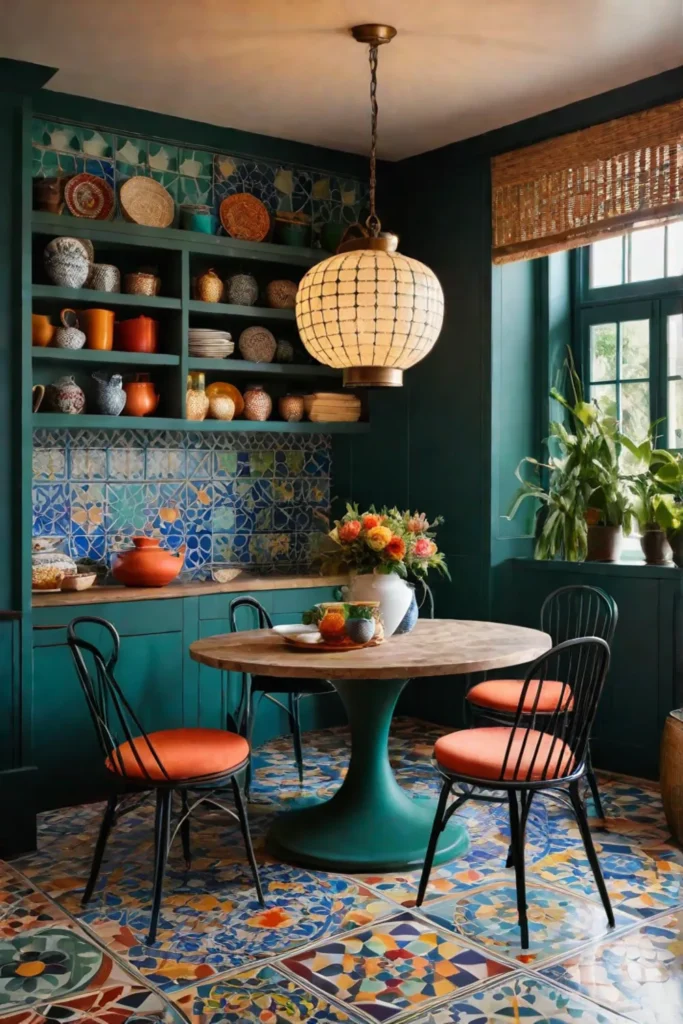 Round table and mismatched chairs in an eclectic dining space