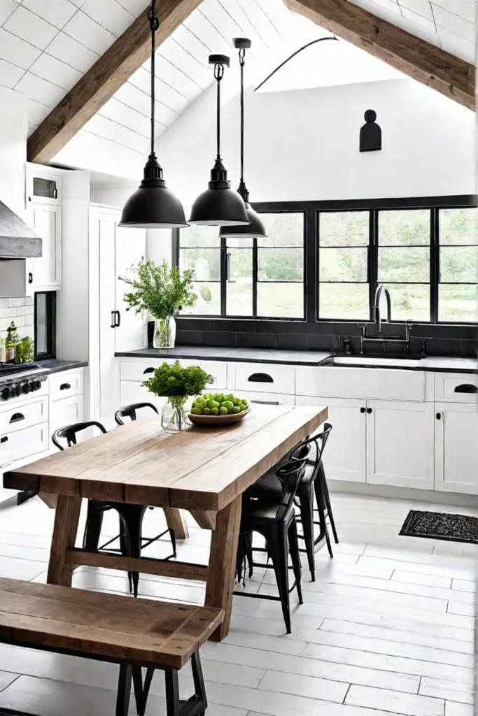Rustic kitchen table with black metal pendant lights