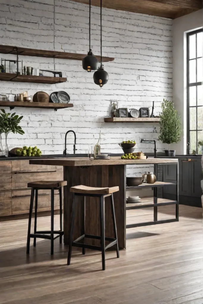 Rustic kitchen with a brickpatterned wallpaper accent