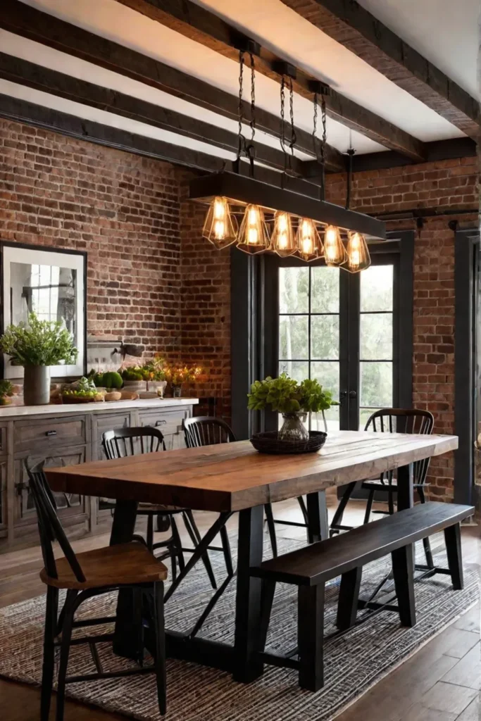 Rustic kitchen with wrought iron chandelier