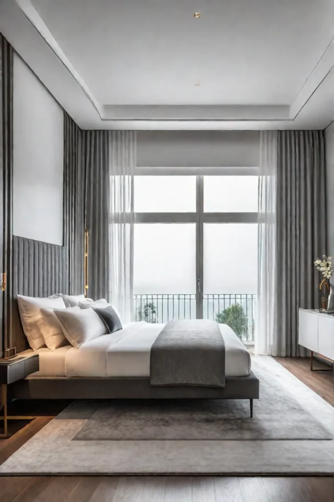 Serene bedroom light gray walls plush rug